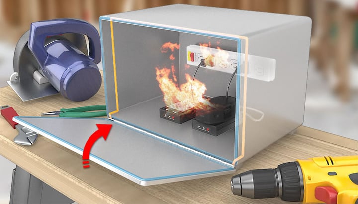 Image of the home safe charging station detecting a fire and closing it's air-tight door.